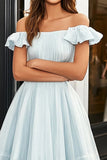 Azzurro Off the Shoulder A Line Abito da Cerimonia lungo