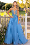 Blu Principessa Sweetheart Tulle Abito da Cerimonia Lungo con Appliques in Pizzo