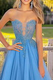 Blu Principessa Sweetheart Tulle Abito da Cerimonia Lungo con Appliques in Pizzo