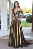 Metallic Black Golden Off la spalla una linea di pieghe Abito da Cerimonia