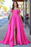 Fucsia Satin A Line Off The Shoulder Applique Abito da Cerimonia con fessura