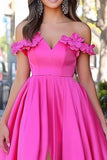 Fucsia Satin A Line Off The Shoulder Applique Abito da Cerimonia con fessura