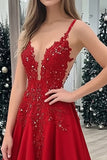 Abito lungo da ballo in raso rosso A Line con scollo a V e applicazioni in pizzo
