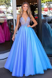 Blu Ball Gown Organza Abito da ballo lungo con appliques in pizzo