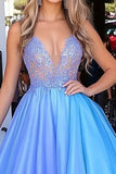 Blu Ball Gown Organza Abito da ballo lungo con appliques in pizzo