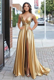 Metallic Satin A Line pieghettato con scollo a V oro Abito da Cerimonia con fessura