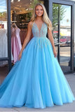 Principessa Blu Tulle Pizzo Applique Abito Lungo da Cerimonia