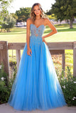 Blu A Line Sweetheart Tulle Abito lungo da ballo con applique