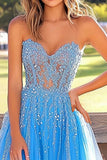 Blu A Line Sweetheart Tulle Abito lungo da ballo con applique