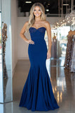 Navy Sweetheart sirena increspato abito lungo da ballo
