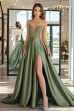 Dusty Sage A Line Sweetheart Satin Applique lungo abito da ballo con fessura
