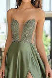 Dusty Sage A Line Sweetheart Satin Applique lungo abito da ballo con fessura