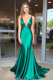 Elegante Verde Mermaid Profondo Scollo A V Raso Abito Lungo da cerimonia
