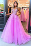 Principessa fucsia profondo scollo a V tulle abito lungo da ballo con applique