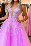 Principessa fucsia profondo scollo a V tulle abito lungo da ballo con applique