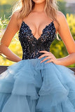 Nero Blu Appliqued Organza una linea arruffato Abito da Cerimonia con fessura