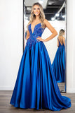Elegante Royal Blue A Line Satin Appliqued Abito lungo da ballo