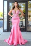 Rosa Spaghetti Straps Mermaid Satin Abito lungo da ballo con applique