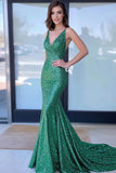 Glitter verde scollo a V sirena paillettes abito lungo da ballo