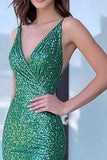 Glitter verde scollo a V sirena paillettes abito lungo da ballo