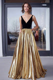Oro Metallic Satin V-Neck A-Line plissettato lungo Prom Dress