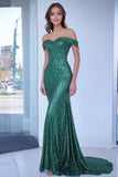 Sparkly verde fuori dalla spalla paillettes sirena lungo abito da ballo