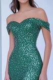Sparkly verde fuori dalla spalla paillettes sirena lungo abito da ballo