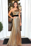 Oro una spalla metallizzato A-Line plissettato lungo Prom Dress