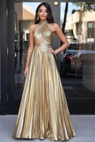 Oro Halter Neck A-Line metallico Cut-Out Abito lungo plissettato Prom
