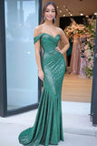 Sparkly verde fuori dalla spalla sirena paillettes lungo abito da ballo