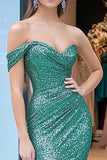 Sparkly verde fuori dalla spalla sirena paillettes lungo abito da ballo
