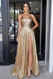 Oro Spaghetti Straps A-Line Metallic Abito da ballo lungo con fessura alta
