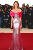 Fucsia sirena Off the Shoulder Abito di Gala lungo con paillettes