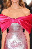 Fucsia sirena Off the Shoulder Abito di Gala lungo con paillettes