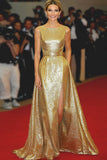 Metallic Satin A Line Gold Scoop Neck Abito di Gala lungo con cintura