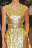Metallic Satin A Line Gold Scoop Neck Abito di Gala lungo con cintura