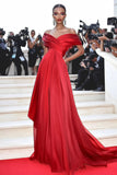 Rosso Off The Shoulder A Line Increspato Abito Di Gala
