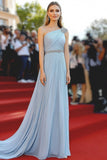 Sky Blue One Spalla Una Linea Chiffon Beaded Gala Dress