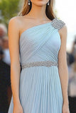 Sky Blue One Spalla Una Linea Chiffon Beaded Gala Dress