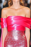 Fucsia Off The Shoulder Guaina Paillettes Abito di Gala