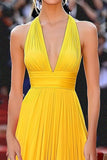 Abito da gala in chiffon increspato con scollo a V profondo giallo a una linea