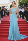 Sky Blue One Spalla Una Linea Chiffon Increspato Beaded Gala Dress