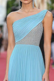 Sky Blue One Spalla Una Linea Chiffon Increspato Beaded Gala Dress