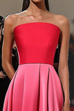 Rosso Rosa A Line dritto increspato abito da gala in raso