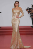 Champagne Off The Shoulder Paillettes Guaina Abito Gala con maniche lunghe