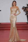 Champagne Off The Shoulder Paillettes Guaina Abito Gala con maniche lunghe
