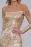 Champagne Off The Shoulder Paillettes Guaina Abito Gala con maniche lunghe