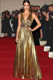 Chic Gold Metallic A Line Gala Dress con cintura