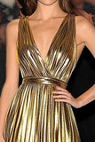 Chic Gold Metallic A Line Gala Dress con cintura