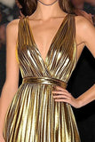 Chic Gold Metallic A Line Gala Dress con cintura